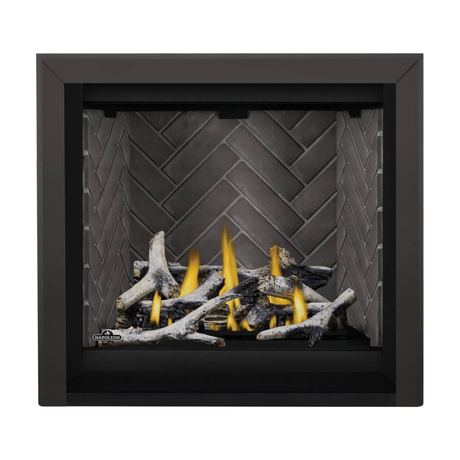 Napoleon Altitude X 36-Inch Gas Fireplace with Birch Log Kit - Westminster Grey Herringbone Panels - Black Bevelled Trim
