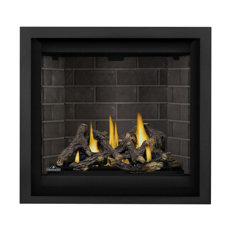Napoleon Altitude X 36-Inch Gas Fireplace with Split Oak Log Set- Westminster Grey Standard Panels - Black Trim Kit