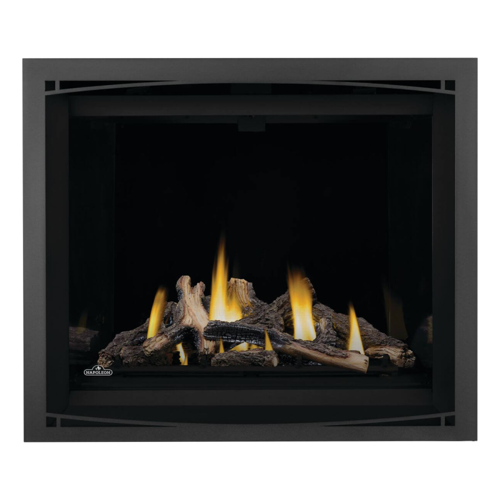 Napoleon Altitude X 42-Inch Gas Fireplace with Driftwood Log Set - Black Illusion Glass Panels - Charcoal Zen Front