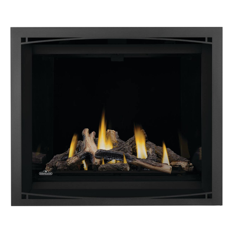 Napoleon Altitude X 42-Inch Gas Fireplace with Driftwood Log Set - Black Illusion Glass Panels - Charcoal Zen Front