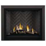 Napoleon Altitude X 42-Inch Gas Fireplace with Driftwood Log Set - Westminster Grey Herringbone Panels - Black Bevelled Trim