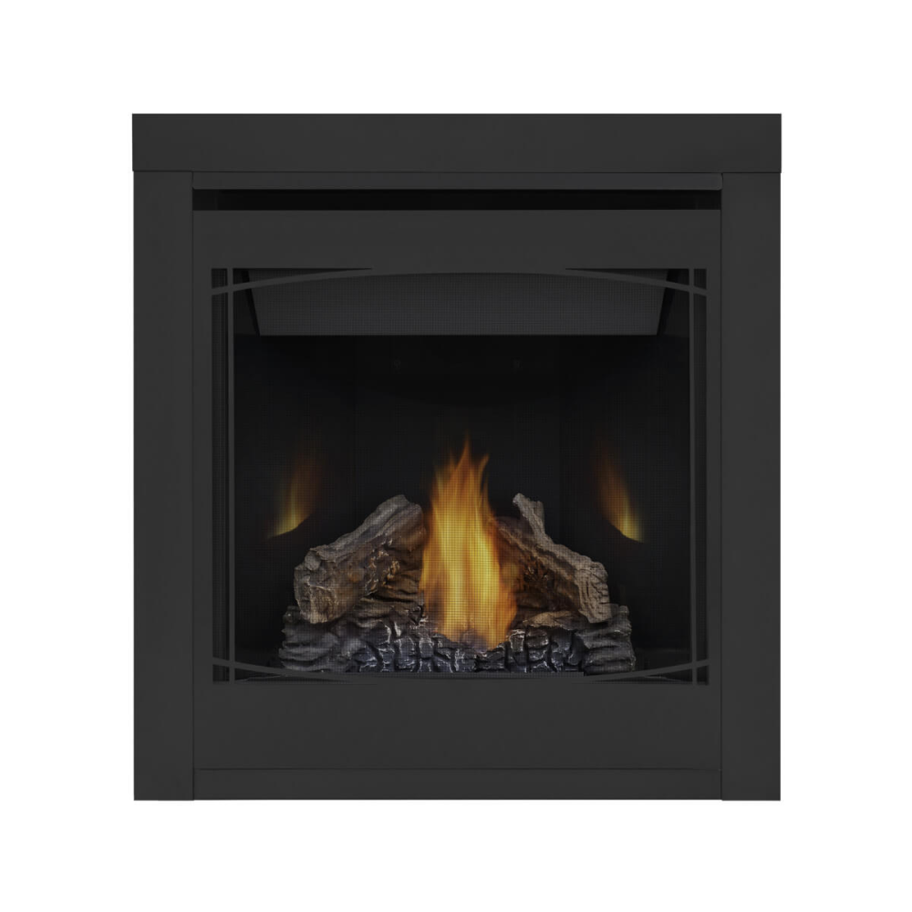 Napoleon Ascent 30-Inch Gas Fireplace with PHAZER Log Set - Black Zen Decorative Barrier - 3-Inch Trim Kit