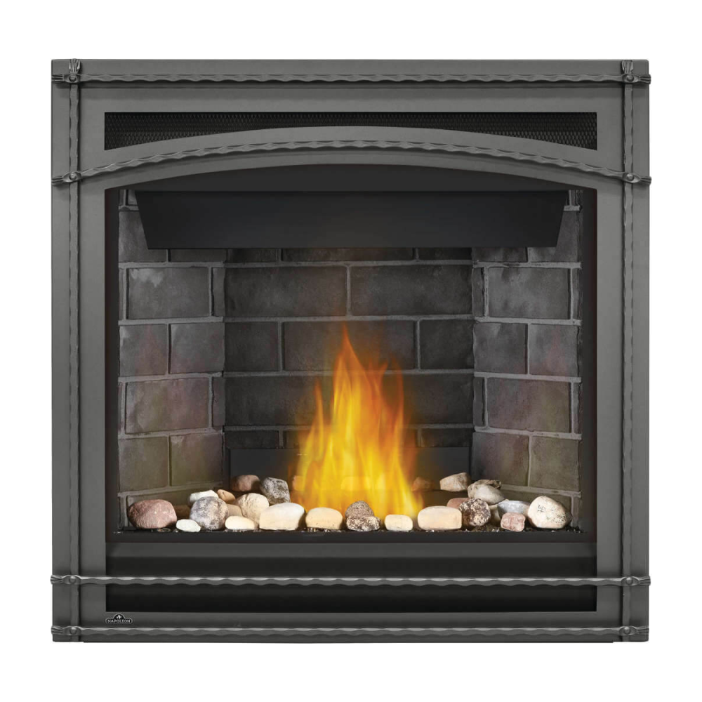 Napoleon Ascent 36-Inch Gas Fireplace with Mineral Rock Kit - Westminster Standard Panels - Wrought Iron Decorative Surrounds