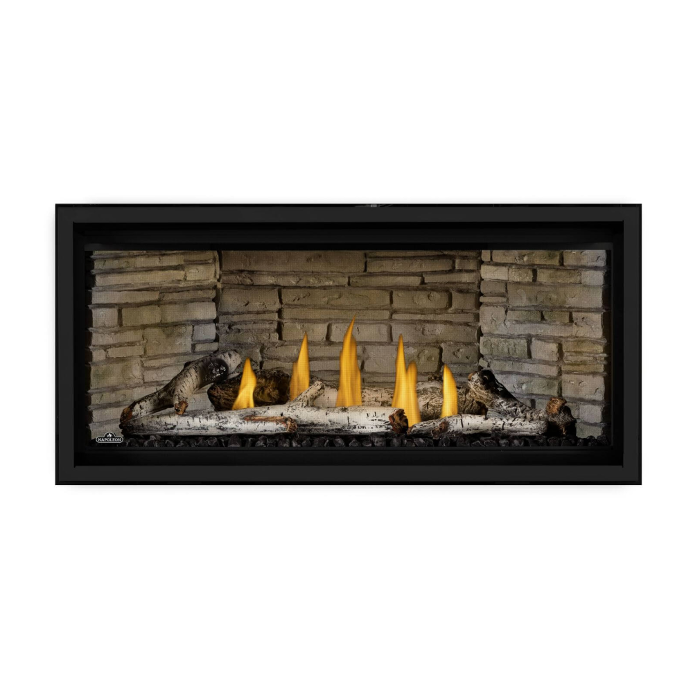 Napoleon Ascent Linear Premium Gas Fireplace with Birch Log Set - Ledgestone Decorative Panels