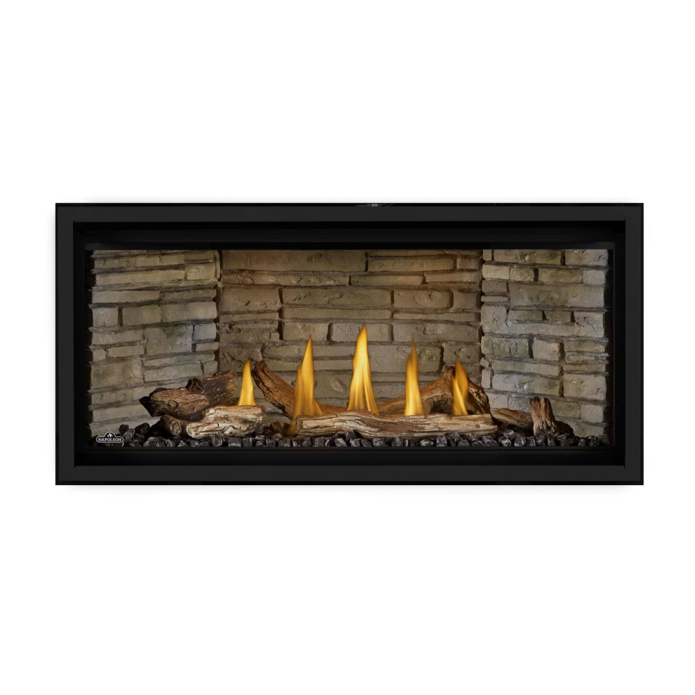 Napoleon Ascent Linear Premium Gas Fireplace with Driftwood Log Set - Ledgestone Decorative Panels