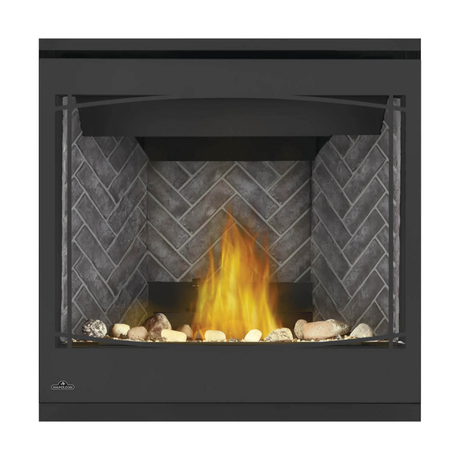 Napoleon Ascent X 36-Inch Gas Fireplace with Mineral Rock Kit - Westminster Herringbone Panels - Black Zen Decorative Barrier