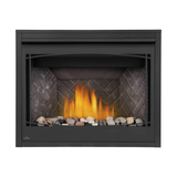 Napoleon Ascent X 42-Inch Gas Fireplace with Mineral Rock Kit - Old Town Red Herringbone Panels - Black Zen Decorative Barrier - 3-Inch Trim Kit