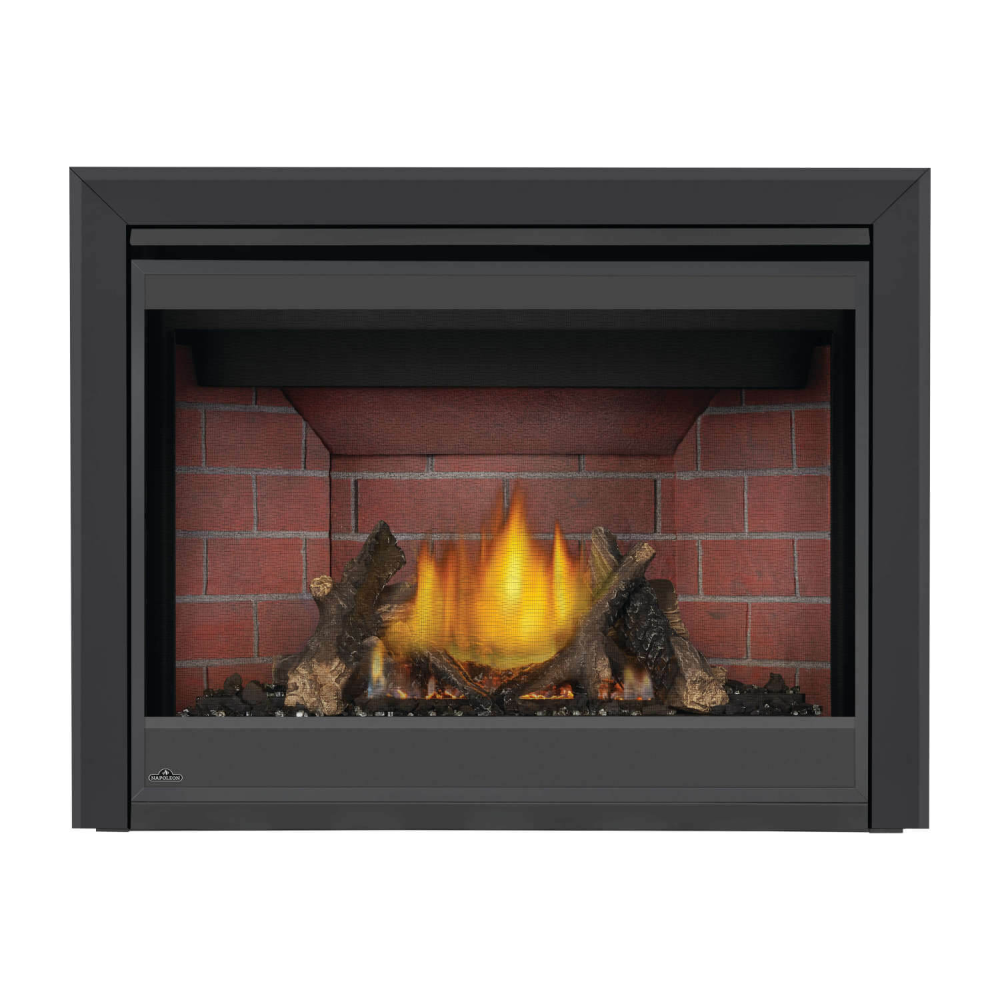 Napoleon Ascent X 42-Inch Gas Fireplace with Oak Log Set - Old Town Red Standard Panels - 3-Inch Premium Bevelled Trim