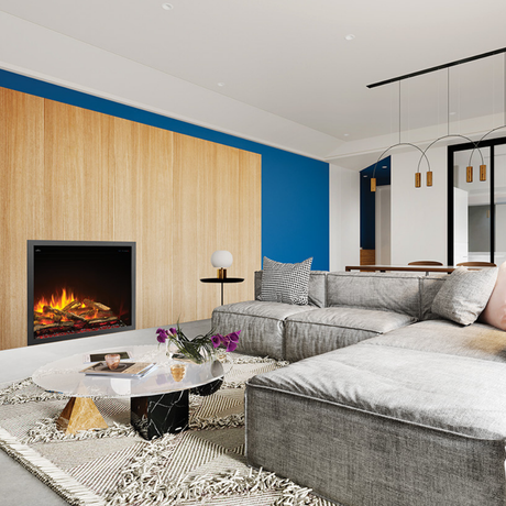 Napoleon Elevation 42-Inch Built-in Electric Fireplace in Living Room with Large Gray Sectional Sofa