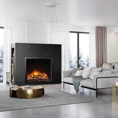 Napoleon Elevation 42-Inch Built-in Electric Fireplace in Living Room with Light Gray Sofa