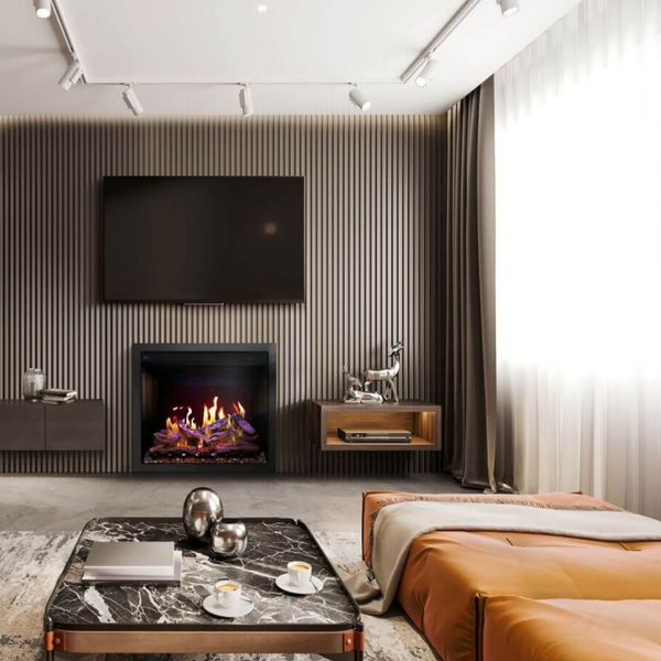 Napoleon Elevation X 36-Inch Built-in Smart Electric Fireplace under TV Monitor in Living Room