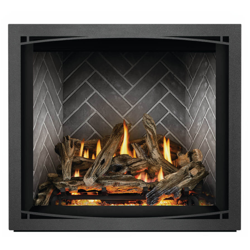Napoleon Elevation X 36-Inch Gas Fireplace with Driftwood Log Set - Westminster Herringbone Panels - Charcoal Zen Front