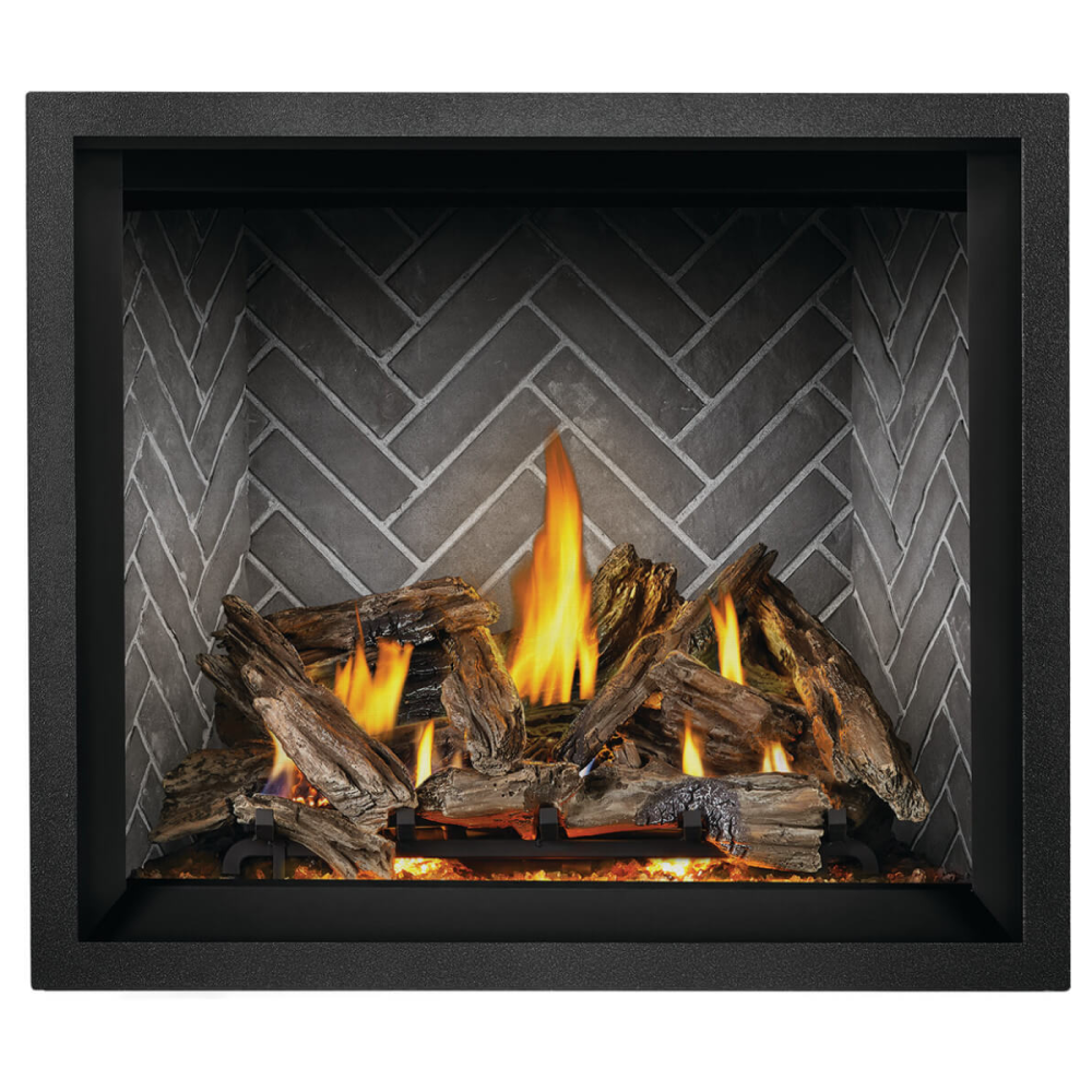 Napoleon Elevation X 42-Inch Gas Fireplace with Split Oak Log Set - Westminster Herringbone Panels - Black Finish Trim