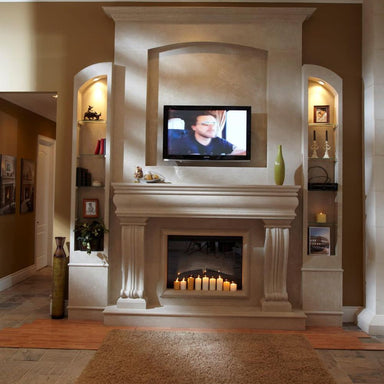 Omega 1106.536 GS Cast Stone Fireplace Mantel Surround with candles in the hearth