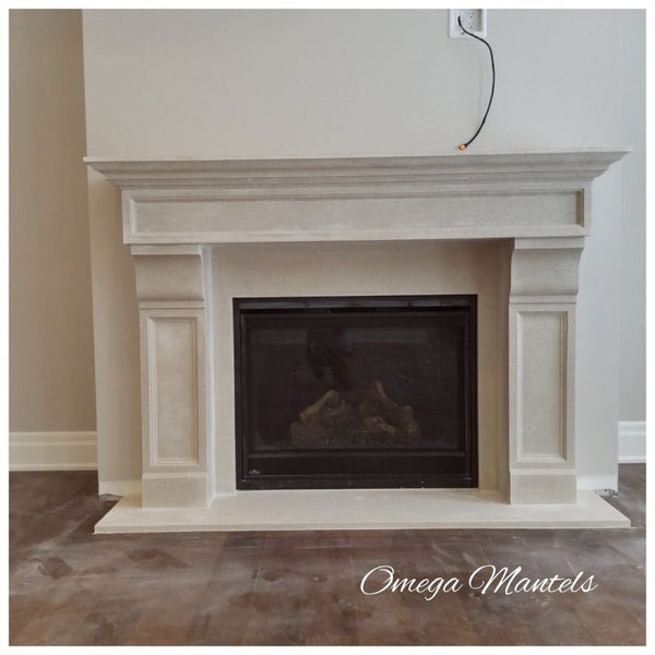 Omega 1111.511 GS Cast Stone Fireplace Mantel Surround installed with an electric fireplace