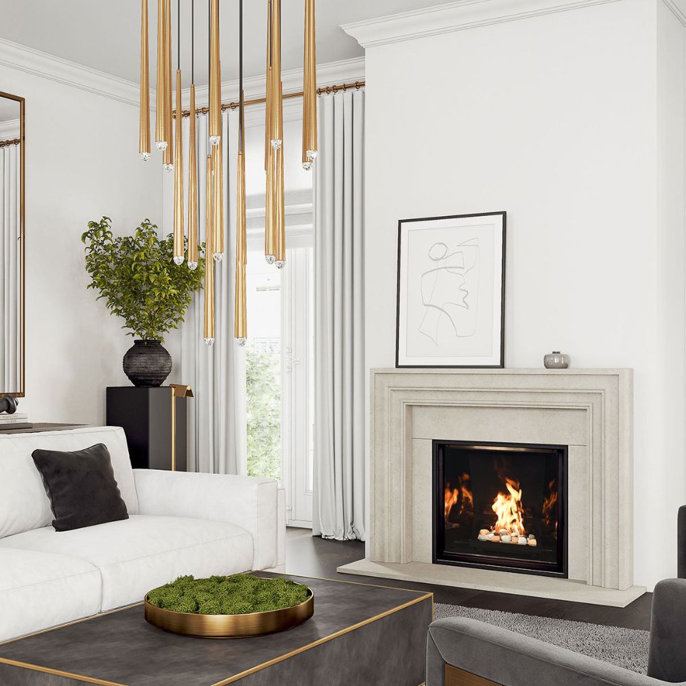 Omega 4113.8 GS Picture Frame Cast Stone Fireplace Mantel Surround in a living room with gold accents