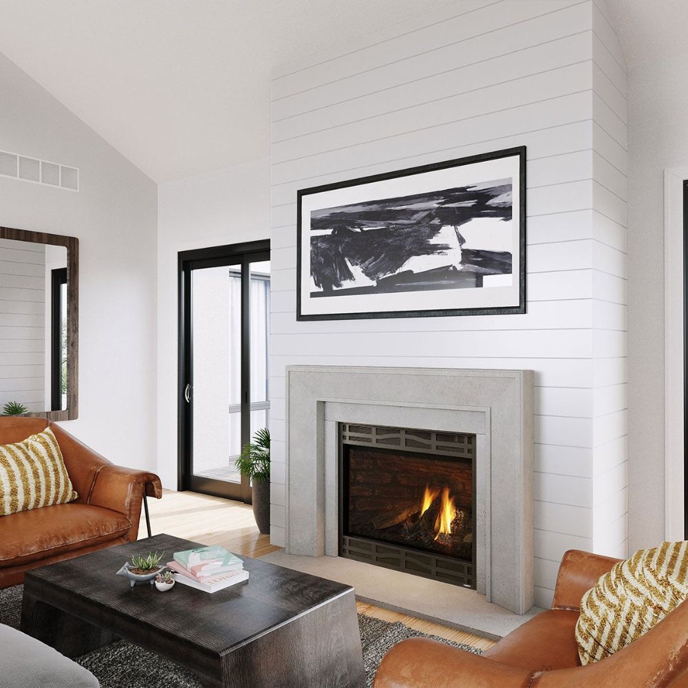 Omega 4116.8 GS Picture Frame Cast Stone Fireplace Mantel Surround on a shiplap wall