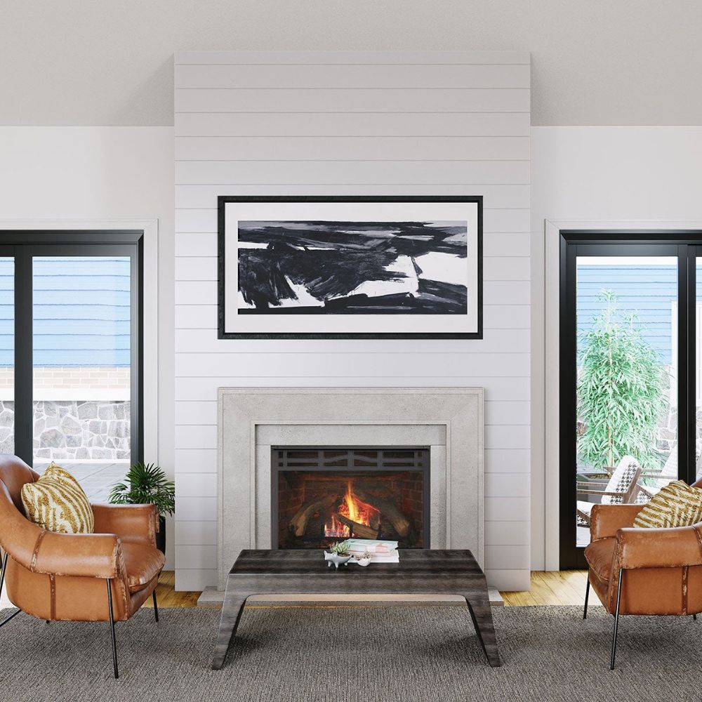 Omega 4116.8 GS Picture Frame Cast Stone Fireplace Mantel Surround with painting above it