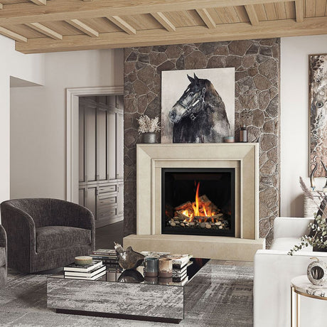 Omega 4116.8 GS Picture Frame Cast Stone Fireplace Mantel Surround on a stone wall