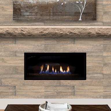 Pearl Mantels Tranquility Non-Combustible Wall Boards as finishing material with a stone mantel