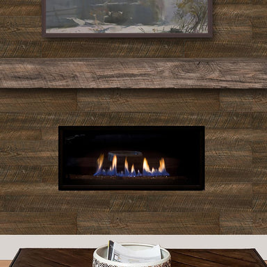 Pearl Mantels Woodland Non-Combustible Wall Boards paired with a rustic wood mantel