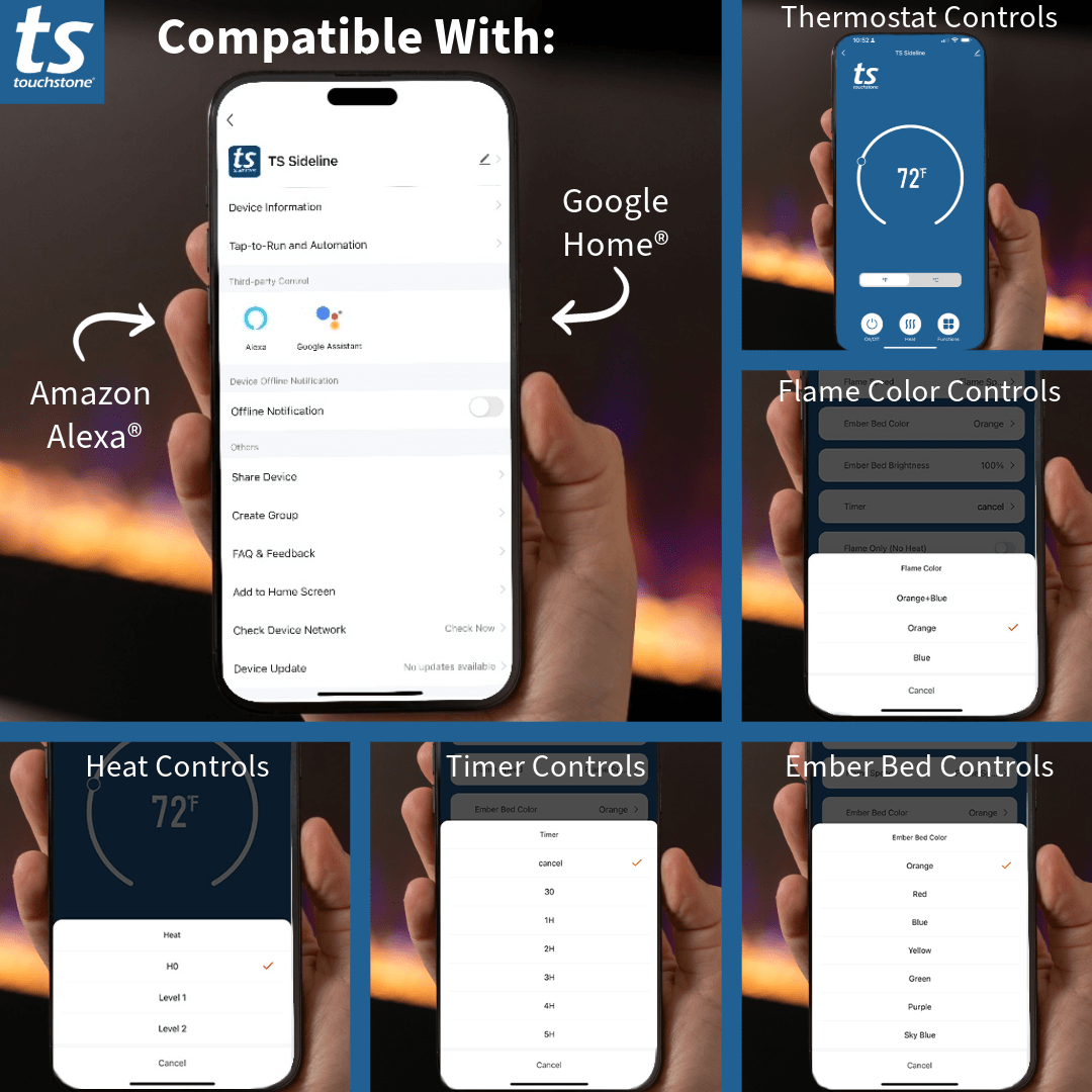 Touchstone Fireplace app screens for the Sideline 60 showing thermostat, flame color, heat, timer and ember bed controls