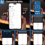 Touchstone Fireplace app screens for the Sideline 60 showing thermostat, flame color, heat, timer and ember bed controls