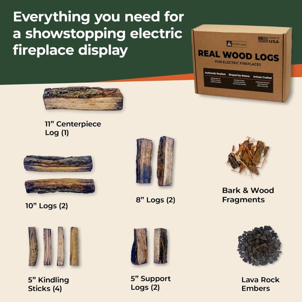 SotaFlame Premium Real Wood Log Set for 50" to 60" Wide Linear Electric Fireplaces Inclusions