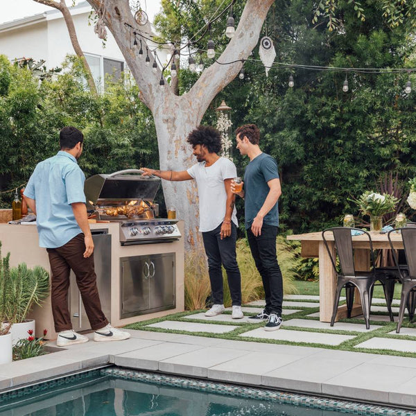 Summerset Sizzler PRO with Rotisserie and 3 Men by the Pool