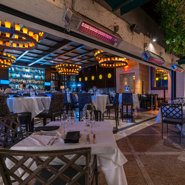 Sunpak S34 Stainless Steel Infrared Gas Heaters with new front grill wall mounted on a patio