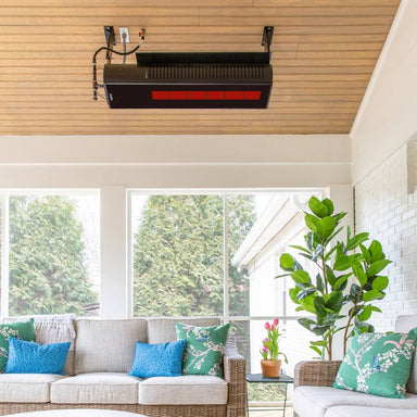 SunStar Glass Fixed Ceiling Mounted 2-Stage Infrared Gas Heater on a cozy patio setting