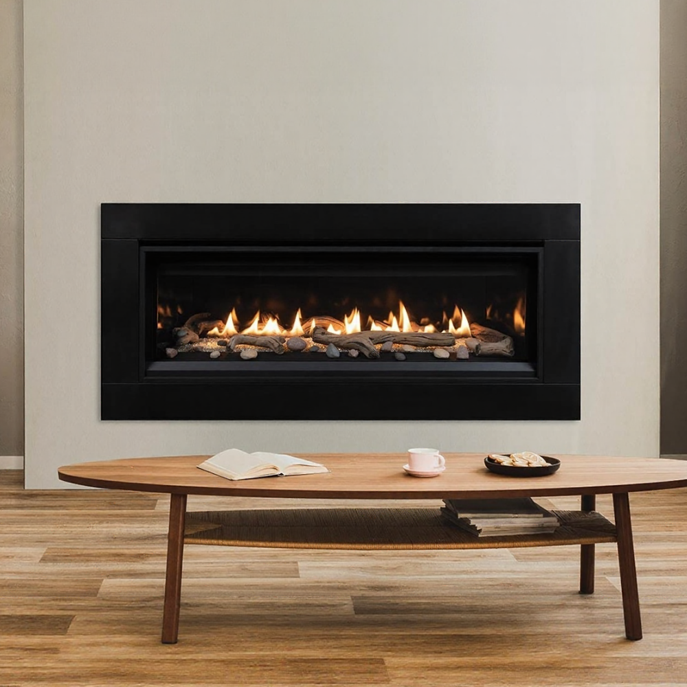 Superior DRL3500 Series Linear Direct Vent Gas Fireplace with Black Surround in Living Room
