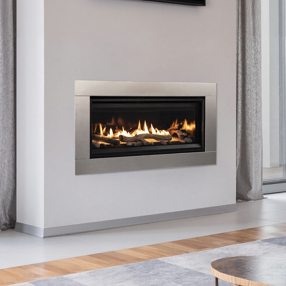 Superior DRL3500 Series Linear Direct Vent Gas Fireplace with Stainless Steel Surround in Living Room