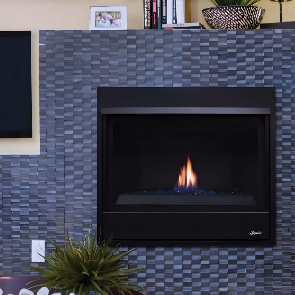 Superior DRT/DRC2000 Direct Vent Gas Fireplace with Reflective Black Crushed Glass - side view
