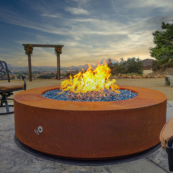 Top fires round corten steel gas firepit match lit outdoor