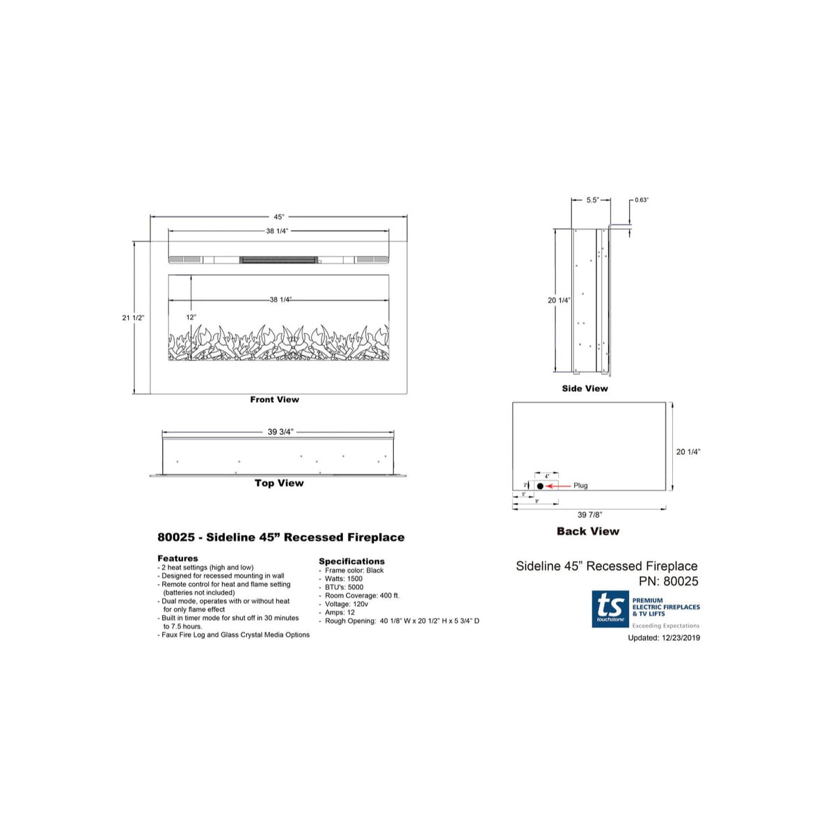 Touchstone Sideline 45-Inch Built-In/Wall Mounted Electric Fireplace dimensional drawing