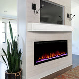 Touchstone Sideline Elite 60-Inch Electric Fireplace with White Mantel on a shiplap wall