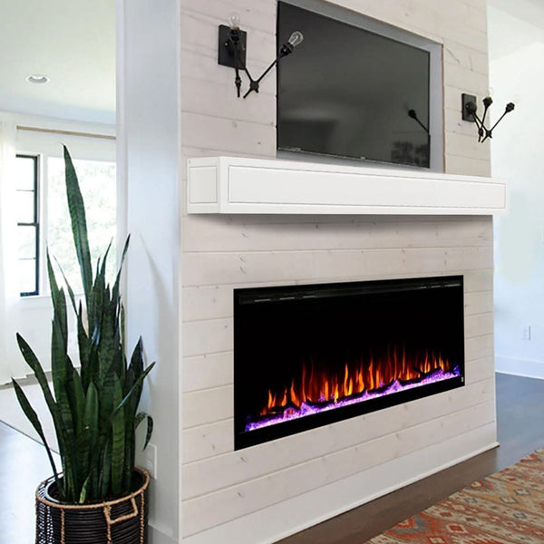 Touchstone Sideline Elite 60-Inch Electric Fireplace with White Mantel on a shiplap wall
