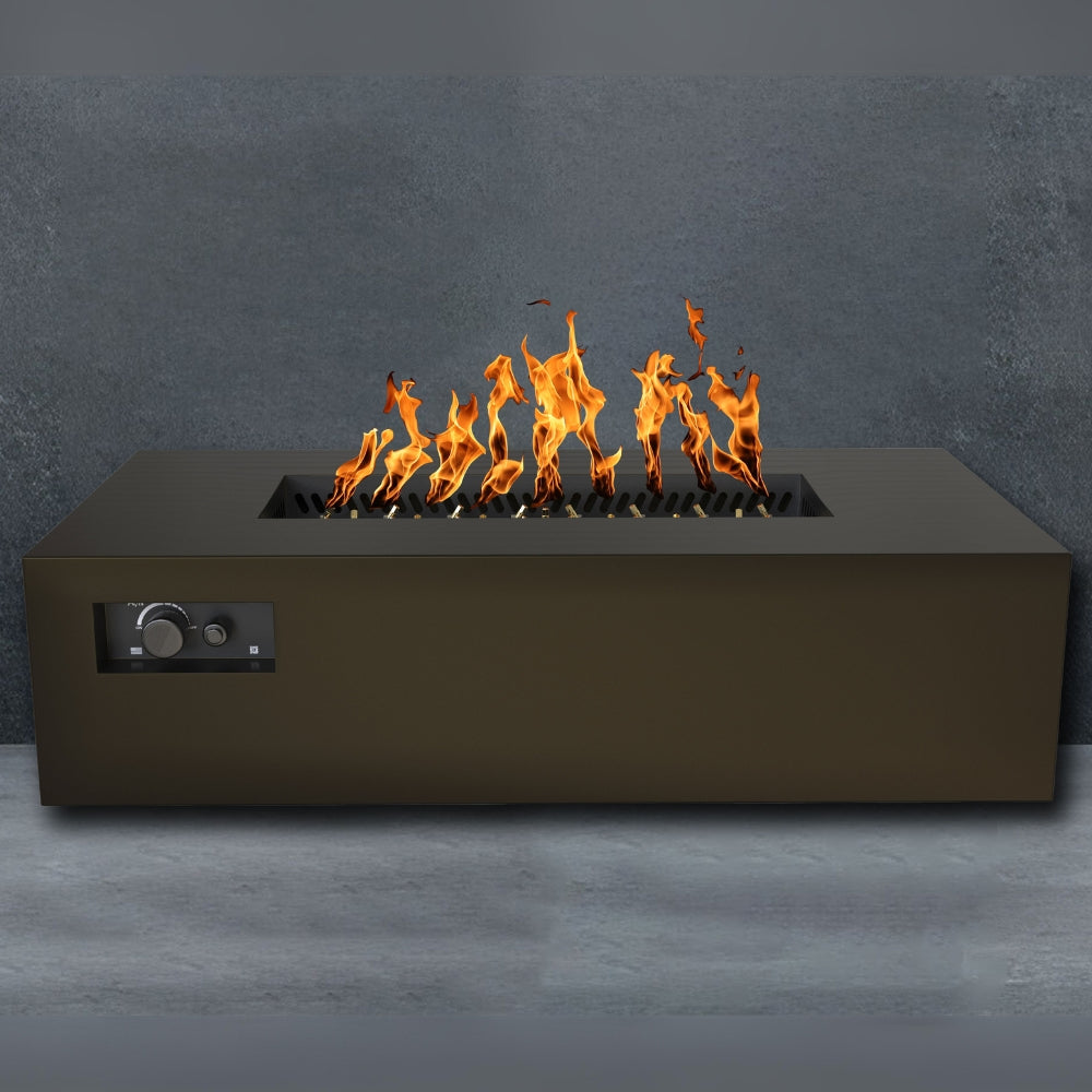 warming trends aon r60 rectangular fire pit table in bronze on gray backdrop