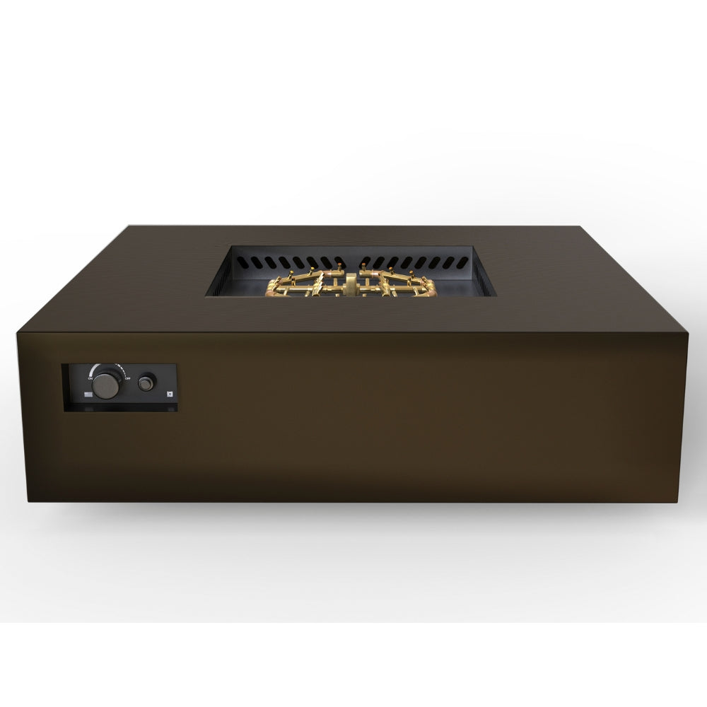 warming trends aon bronze square fire table with gray background with recessed controls and brass burner