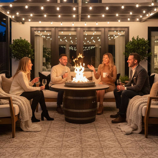 Wine Barrel Dude Dining Height Fire Table in Outdoor Patio