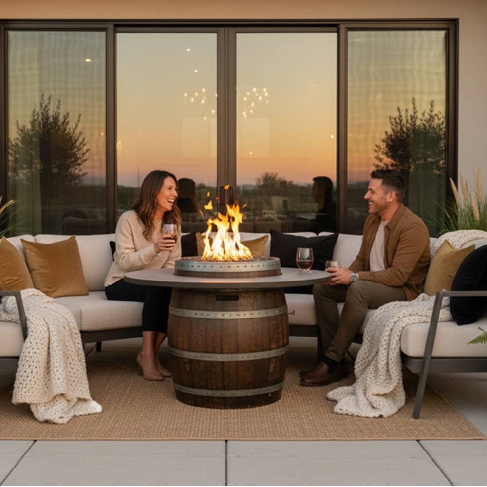 Wine Barrel Dude Dining Height Fire Table with Couple Laughing