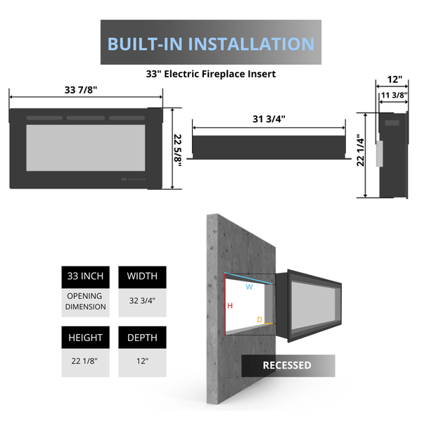 amantii 33" traditional electric fireplace insert specs