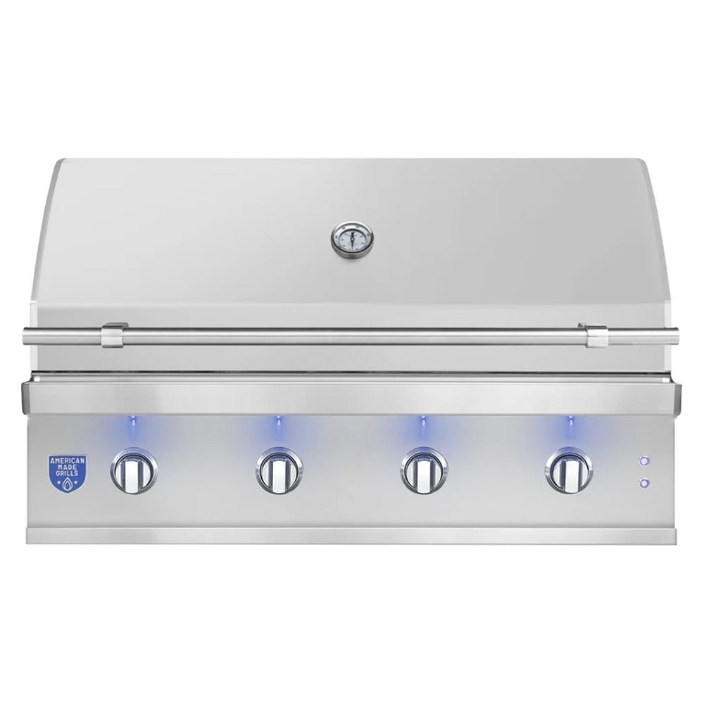 American Made Grills Atlas 42-Inch Built-In Gas Grill front view with four lighted control knobs