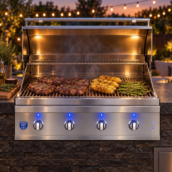 Grilling steaks, corn and asparagus on the American Made Grills Atlas 42-Inch Built-In Gas Grill at dusk