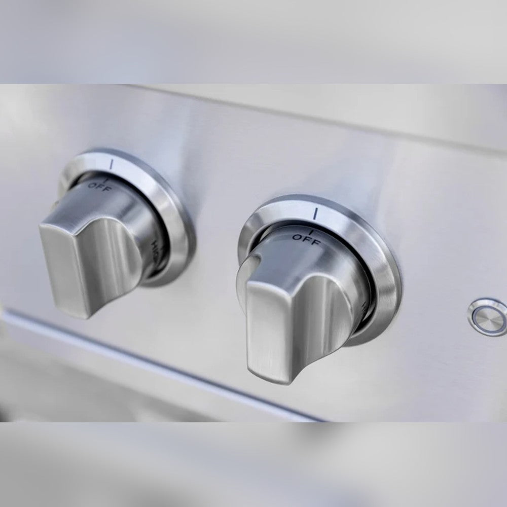 American Made Grills Atlas Double Side Burner stainless steel control knobs close-up