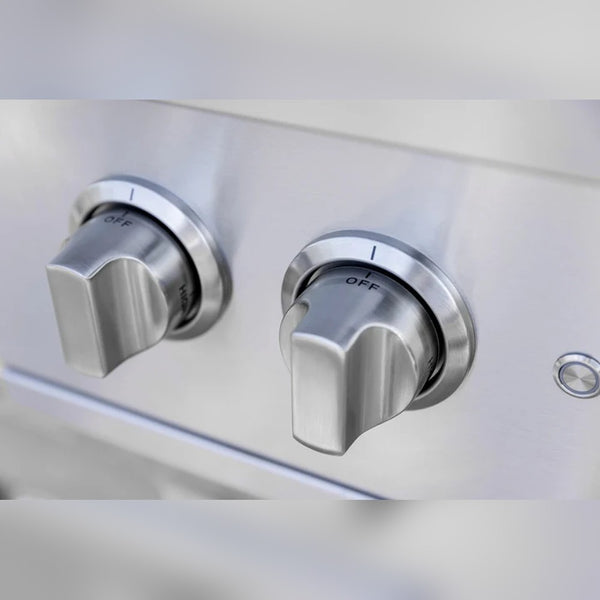 American Made Grills Atlas Double Side Burner stainless steel control knobs close-up