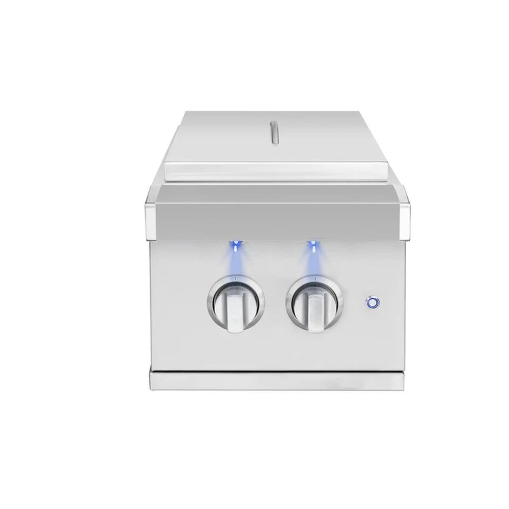American Made Grills Atlas Double Side Burner front view with lid closed and lighted control knobs