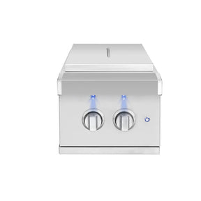 American Made Grills Atlas Double Side Burner front view with lid closed and lighted control knobs