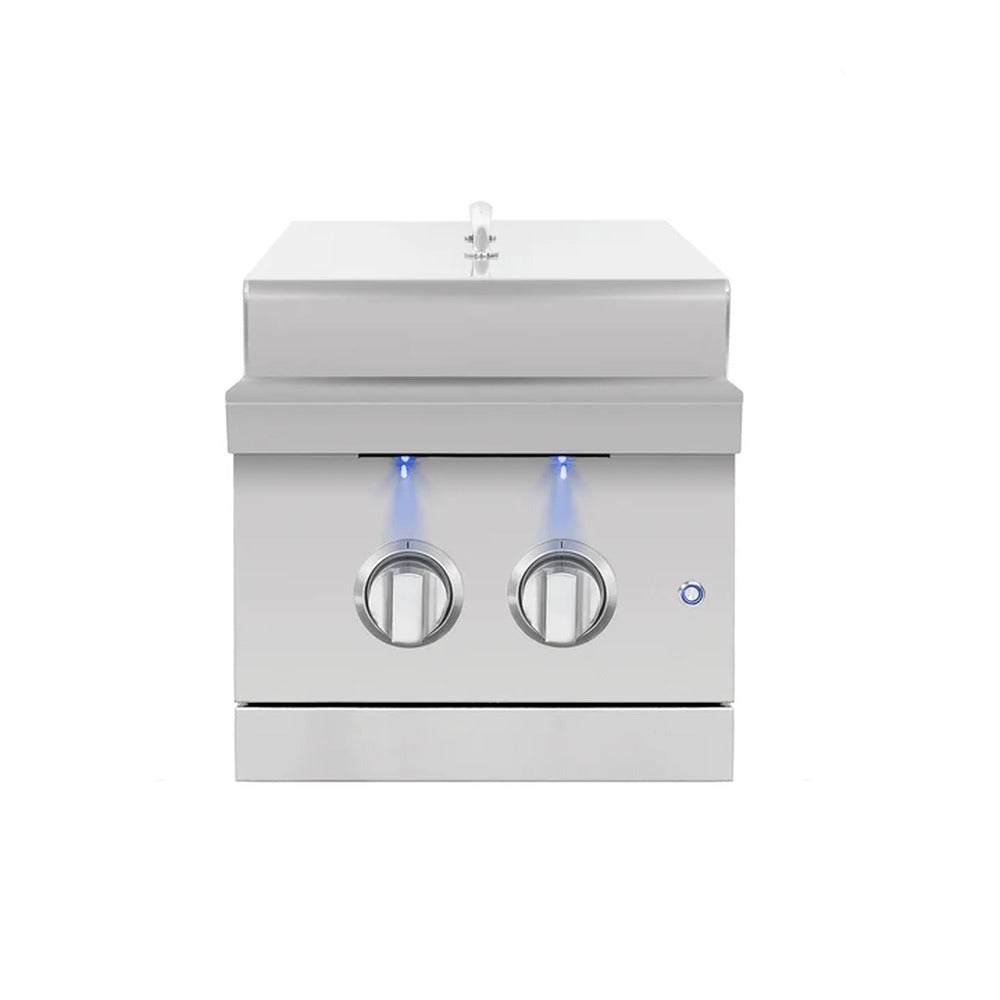 American Made Grills Encore Double Side Burner front view with lid closed and blue LED-lit knobs